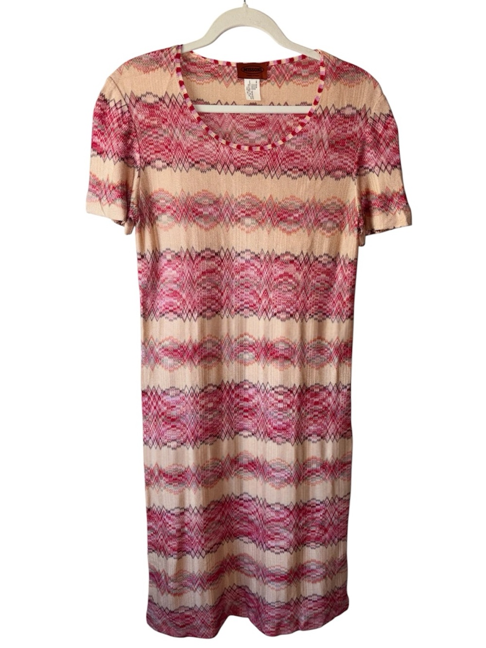 Vintage Missoni Italy Chevron Zig Zag Knit Sheath Dress Pink Rayon Small
